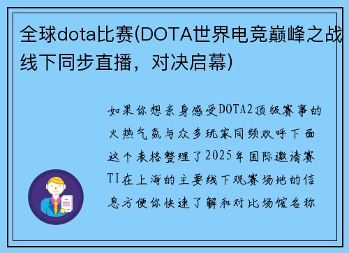 全球dota比赛(DOTA世界电竞巅峰之战线下同步直播，对决启幕)